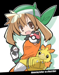 Rule 34 | 1girl, :d, alternate color, bandana, bird, breasts, brown eyes, brown hair, creatures (company), dress, drop shadow, fang, fanny pack, game freak, gen 3 pokemon, gloves, hair between eyes, highres, holding, holding poke ball, looking at viewer, may (pokemon), medium breasts, nintendo, open mouth, orange dress, outstretched arm, poke ball, poke ball (basic), pokemon, pokemon (creature), pokemon emerald, pokemon rse, premier ball, rascal (feuille), shiny pokemon, smile, solo, torchic