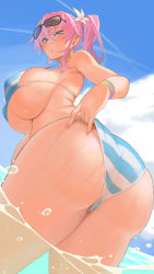 Rule 34 | 1girl, ass, bare shoulders, bikini, blue bikini, blue eyes, blue sky, blush, breasts, highres, huge breasts, long hair, looking at viewer, looking back, open mouth, original, pink hair, ponytail, shiba nanasei, sidelocks, sky, solo, striped bikini, striped clothes, swimsuit, thighs, wet