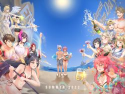 Rule 34 | 2022, 4boys, 6+girls, alexa (epic seven), angel of light angelica (epic seven), apocalypse ravi (epic seven), arkasus, beach, beer mug, bikini, bird, blonde hair, blue eyes, blue male swimwear, blue swim trunks, blush, boat, braid, brown eyes, brown hair, cermia (epic seven), cermia (swimsuit cermia) (epic seven), champagne bottle, charles (epic seven), choker, conqueror lilias (epic seven), cup, double bun, drink, drinking glass, earrings, elf, english text, epic seven, eyewear on head, facial hair, facial mark, fallen cecilia (epic seven), feathered wings, flower, forehead mark, green eyes, grey hair, hair bun, hair flower, hair ornament, heterochromia, highres, holding, holding drink, holding weapon, horns, hwayoung (epic seven), ice cream cone, iseria (epic seven), jewelry, male swimwear, mediator kawerik (epic seven), mercedes (epic seven), montmorancy (epic seven), mug, multiple boys, multiple girls, mustache, one eye closed, party popper, pointy ears, prince aither, purple eyes, rass elclare, red hair, sunglasses, swim trunks, swimsuit, tinkst, watercraft, weapon, wine glass, wings, yellow eyes