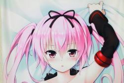 Rule 34 | 1girl, arm up, armpits, artist request, dakimakura (medium), detached sleeves, highres, long hair, lying, nana asta deviluke, on back, open mouth, photo (medium), pink eyes, pink hair, portrait, ribbon, solo, to love-ru, topless, twintails