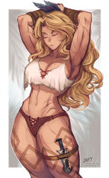 Rule 34 | 1girl, amazon (dragon&#039;s crown), armpits, arms behind head, arms up, artist name, blonde hair, bracer, breasts, commentary, dragon&#039;s crown, english commentary, closed eyes, highres, iahfy, knife, large breasts, long hair, midriff, muscular, muscular female, navel, scar, solo, thigh strap, thighs, wavy hair