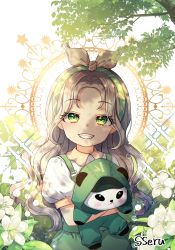 Rule 34 | 1girl, animal, animal hug, brown hair, brown ribbon, character request, collared shirt, commentary request, flower, forehead, green eyes, green hairband, green skirt, grin, hair ribbon, hairband, identity v, long hair, looking at viewer, memory (identity v), panda, parted bangs, puffy short sleeves, puffy sleeves, ribbon, shirt, short sleeves, signature, skirt, smile, solo, suspender skirt, suspenders, tempy (rinsia), very long hair, white flower, white shirt
