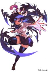 Rule 34 | 1girl, absurdres, filia (skullgirls), highres, looking at viewer, navel, necktie, outstretched hand, pleated skirt, red eyes, saliva, saliva trail, samson (skullgirls), school uniform, skirt, skullgirls, solo, thighhighs, tongue, tongue out, tuxedo de cat, white background