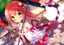 Rule 34 | 1girl, 35p (sakura miko), blurry, blurry background, blurry foreground, blush, bow, breasts, cherry blossoms, chinomaron, commentary request, depth of field, detached sleeves, green eyes, hair between eyes, hair ornament, hairclip, holding, holding umbrella, hololive, long hair, looking at viewer, nontraditional miko, oil-paper umbrella, outdoors, pink hair, sakura miko, sakura miko (1st costume), sideboob, skirt, solo, umbrella, virtual youtuber, x hair ornament