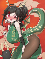 Rule 34 | 1girl, 2024, arm wrap, bare shoulders, black pantyhose, blush, bottle neko, breasts, china dress, chinese clothes, chinese zodiac, dragon horns, dragon print, dragon tail, dragon wings, dress, embarrassed, fang, green dress, hair ornament, hairclip, horns, large breasts, leaning forward, open mouth, original, pantyhose, ponytail, print dress, red background, red eyes, sleeveless, solo, sweatdrop, swept bangs, tail, wings, year of the dragon