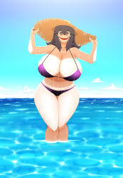 Rule 34 | 1girl, absurdres, bikini, breasts, cleavage, creatures (company), curvy, game freak, hat, hex maniac (pokemon), highres, huge breasts, long hair, looking at viewer, nail polish, nikkana (artist), nintendo, open mouth, pokemon, pokemon xy, purple eyes, purple hair, smile, solo, standing, swimsuit, thick thighs, thighs, wet, wide hips