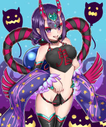 Rule 34 | 1girl, balloon, bare shoulders, black hair, blush, breasts, chinese clothes, choker, covered erect nipples, detached sleeves, dudou, earrings, eyeshadow, fang, fate/grand order, fate (series), forehead jewel, halloween, heart, heart-shaped pupils, highres, horns, jewelry, jibako, lifting own clothes, low ponytail, makeup, medium breasts, navel, open mouth, pelvic curtain, pointy ears, purple eyes, purple hair, rope, shimenawa, short hair, shuten douji (fate), shuten douji (fate/grand order), shuten douji (halloween caster) (fate), skin-covered horns, symbol-shaped pupils, thighhighs, tongue, tongue out
