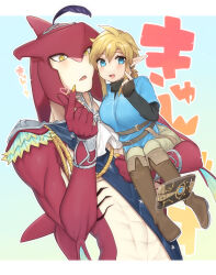 Rule 34 | 1boy, 1girl, :d, blonde hair, blue shirt, blush, boots, breasts, brown footwear, brown pants, carrying, carrying person, colored skin, finger heart, fish boy, genderswap, genderswap (mtf), green eyes, hand up, highres, jewelry, knee boots, large breasts, link, long hair, monster boy, multicolored skin, nail polish, nintendo, open mouth, orange nails, pants, pointy ears, ponytail, red skin, sharp teeth, sheikah slate, shirt, sidon, smile, teeth, the legend of zelda, the legend of zelda: breath of the wild, translation request, ttanuu., white background, zora