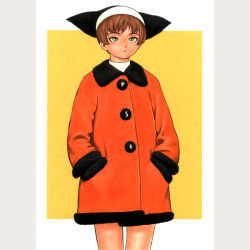 Rule 34 | 1girl, brown hair, cowboy shot, frown, hands in pockets, murata range, outside border, short hair, solo, tagme, yellow background