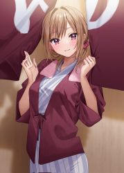 Rule 34 | 1girl, blush, chigusa minori, closed mouth, commentary request, corrupted twitter file, hair intakes, hair ornament, hair scrunchie, hands up, highres, japanese clothes, light brown hair, long sleeves, looking at viewer, medium hair, original, pink scrunchie, purple eyes, scrunchie, smile, solo, towel, towel around neck, wide sleeves