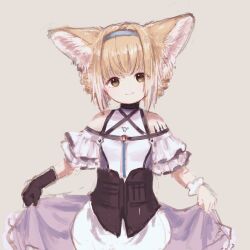 Rule 34 | 1girl, animal ear fluff, animal ears, apron, arknights, bare shoulders, black gloves, blonde hair, blue hairband, braid, braided hair rings, closed mouth, commentary request, covered collarbone, fox ears, gloves, grey background, hair rings, hairband, highres, looking at viewer, multicolored hair, niwatori (akira 207), purple skirt, shirt, sidelocks, simple background, single glove, skirt, skirt hold, smile, solo, suzuran (arknights), twin braids, two-tone hair, waist apron, white apron, white hair, white shirt