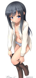 Rule 34 | 1girl, asashio (kancolle), black hair, black pantyhose, blue eyes, collared shirt, dress shirt, dressing, feet out of frame, grey panties, kantai collection, long hair, looking at viewer, navel, one-hour drawing challenge, open clothes, open shirt, panties, pantyhose, ray.s, shirt, simple background, solo, twitter username, underwear, white background, white shirt