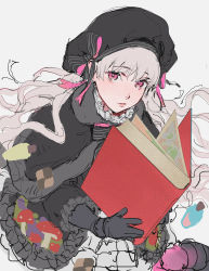 Rule 34 | 1girl, absurdres, black capelet, black dress, black gloves, black hat, book, capelet, closed mouth, dress, fate/extra, fate (series), gloves, grey hair, hat, highres, holding, holding book, long hair, long sleeves, looking at viewer, nursery rhyme (fate), open book, pink eyes, sankomichi, simple background, solo, white background
