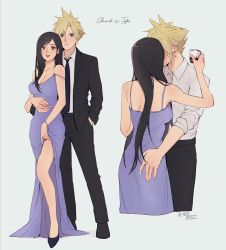 Rule 34 | 1boy, 1girl, black hair, blonde hair, blue eyes, breasts, cleavage, cloud strife, couple, dress, final fantasy, final fantasy vii, final fantasy vii remake, formal, hand on another&#039;s stomach, highres, holding, large breasts, long dress, long hair, looking at viewer, necktie, pudelmudel, red eyes, spiked hair, square enix, suit, tifa lockhart