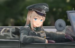 Rule 34 | 1girl, blonde hair, blue eyes, blurry, blurry background, breast pocket, car, commentary, germany, gloves, hat, highres, insignia, long hair, looking at viewer, military, military hat, military uniform, motor vehicle, original, peaked cap, pocket, solo, unicron (brous), uniform, world war ii
