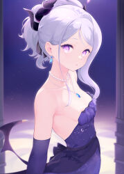 Rule 34 | 1girl, bare shoulders, blue archive, blush, breasts, chiyami, dress, earrings, elbow gloves, gloves, hair ribbon, halo, hina (blue archive), hina (dress) (blue archive), horns, jewelry, looking at viewer, medium hair, multiple horns, necklace, purple dress, purple eyes, purple gloves, ribbon, small breasts, solo, swept bangs, white hair, wings
