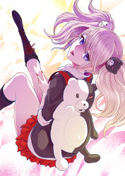Rule 34 | 10s, 1girl, :p, backpack, bag, black footwear, boots, bow, breasts, cleavage, cross-laced footwear, danganronpa: trigger happy havoc, danganronpa (series), enoshima junko, from behind, gradient background, hair ornament, head tilt, knee boots, long hair, looking at viewer, looking back, monokuma, nail polish, necktie, pink hair, purple eyes, red bow, red nails, red skirt, rurukichi, school uniform, skirt, sleeves rolled up, solo, spoilers, tongue, tongue out, twintails