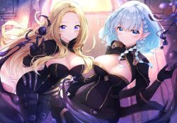 Rule 34 | 2girls, :o, absurdres, alpha (kage no jitsuryokusha ni naritakute!), beta (kage no jitsuryokusha ni naritakute!), black bodysuit, black gloves, blonde hair, blue eyes, blue hair, blush, bodysuit, braid, breasts, closed mouth, commentary request, covered navel, forehead, fuuna, gloves, hand up, highres, kage no jitsuryokusha ni naritakute!, large breasts, long hair, looking at viewer, mole, mole under eye, multiple girls, parted bangs, parted lips, pointy ears, smile, v, very long hair