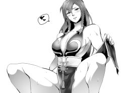 Rule 34 | 1girl, alternate costume, artist request, bare legs, bare shoulders, breasts, capcom, china dress, chinese clothes, chun-li, legs, long hair, looking at viewer, monochrome, sitting, solo, street fighter, street fighter v, sweat