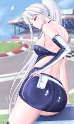 Rule 34 | 1girl, ass, azur lane, back cutout, belt, blurry, blurry background, breasts, clothing cutout, dress, elbow gloves, enterprise (azur lane), enterprise (wind catcher) (azur lane), from behind, gloves, highres, kaima5100 ika, large breasts, long hair, official alternate costume, partially fingerless gloves, ponytail, purple eyes, race queen, racetrack, short dress, single elbow glove, solo, very long hair, white belt, white hair
