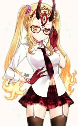 Rule 34 | 1girl, adjusting eyewear, alternate costume, bespectacled, black-framed eyewear, black thighhighs, blonde hair, breasts, collared shirt, covered erect nipples, facial mark, fate/grand order, fate (series), garter straps, glasses, hand on own hip, horns, ibaraki douji (fate), long hair, long sleeves, looking at viewer, medium breasts, necktie, no bra, oni, oni horns, parted lips, plaid, plaid necktie, plaid neckwear, plaid skirt, pleated skirt, pointy ears, red necktie, red skirt, seiru (prairie), shirt, sidelocks, skirt, solo, tattoo, thighhighs, very long hair, white shirt