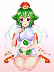 Rule 34 | 1girl, absurdres, blue eyes, breasts, bunneex, china dress, chinese clothes, commentary, crown, dress, earrings, egg, english commentary, flats, full body, green hair, hair between eyes, hair ribbon, highres, jewelry, large breasts, mario (series), mini crown, mushroom earrings, new super mario bros. u deluxe, nintendo, open mouth, red footwear, ribbon, shiny skin, short dress, short hair, side slit, sitting, solo, super crown, taut clothes, taut dress, thigh gap, wariza, white dress, yoshi
