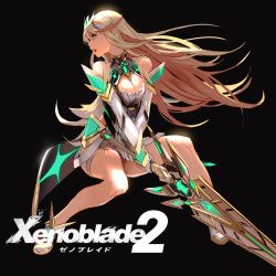 Rule 34 | 1girl, absurdres, bare legs, bare shoulders, black background, blonde hair, breasts, chest jewel, cleavage, cleavage cutout, clothing cutout, earrings, full body, gem, gloves, highres, holding, holding sword, holding weapon, jewelry, laio, large breasts, logo, long hair, mythra (xenoblade), nintendo, pantyhose, simple background, solo, swept bangs, sword, thigh strap, tiara, very long hair, weapon, white footwear, white gloves, xenoblade chronicles (series), xenoblade chronicles 2, yellow eyes