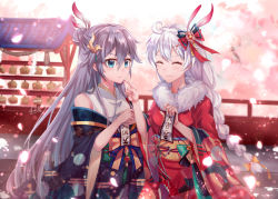 Rule 34 | 2girls, bare shoulders, black hair, blue eyes, bow, braid, cherry blossoms, chinese clothes, closed eyes, closed mouth, fu hua, hair between eyes, hair bow, hair ornament, holding, holding paper, honkai (series), honkai impact 3rd, japanese clothes, kiana kaslana, kimono, long hair, long sleeves, looking at another, multiple girls, nekoha gc, outdoors, paper, petals, red kimono, smile, twin braids, white hair, yuri