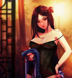 Rule 34 | 1girl, bare shoulders, black hair, blurry, blurry background, breasts, cleavage, collarbone, comic, cowboy shot, esther shen, fingernails, hand on own hip, head tilt, holding, indoors, large breasts, long hair, looking at viewer, one-piece swimsuit, original, red eyes, rocket launcher, rpg (weapon), solo, standing, strap slip, swimsuit, tower, weapon