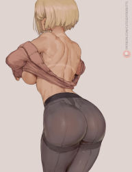 Rule 34 | 1girl, android 18, ass, back, bikini tan, black pantyhose, blonde hair, breasts, clothes lift, cutesexyrobutts, dragon ball, dragonball z, earrings, from behind, grey background, high-waist pantyhose, highres, jewelry, large breasts, long hair, no bra, no panties, no pants, pantyhose, short hair, simple background, solo, sweater, sweater lift, tan, tanline, thighs, underboob, watermark, web address