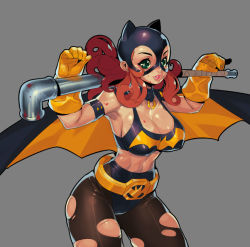 Rule 34 | 1girl, barbara gordon, batgirl, batman (series), belt, blood, breasts, cape, cleavage, dc comics, fengmo, gloves, green eyes, large breasts, lips, lipstick, long hair, makeup, mask, navel, orange hair, pantyhose, parted lips, red hair, simple background, solo, sports bra, superhero costume, torn clothes, torn pantyhose, yellow gloves