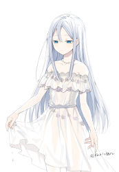 Rule 34 | 1girl, absurdres, blue eyes, clothes lift, collarbone, dress, dress lift, expressionless, flat chest, hair behind ear, hair between eyes, highres, jewelry, long hair, looking down, necklace, off-shoulder dress, off shoulder, project sekai, sohu, solo, twitter username, very long hair, white background, yoisaki kanade