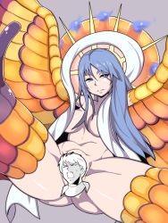 Rule 34 | 1boy, 1girl, blue eyes, breasts, censored, character request, commentary request, genderswap, genderswap (mtf), head, large breasts, long hair, monster girl, open mouth, romancing saga 2, saga, short hair, square enix, wagnas, wings, yucopi