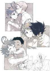 Rule 34 | 1girl, 4boys, afterimage, blush, carrying, child, child carry, dark-skinned male, dark skin, emma (yakusoku no neverland), hand in own hair, hand on another&#039;s head, hands on another&#039;s shoulders, hetero, indesign, kiss, kissing cheek, kissing forehead, long sleeves, multiple boys, neck tattoo, nervous sweating, norman (yakusoku no neverland), number tattoo, one eye closed, outside border, phil (yakusoku no neverland), profile, ray (yakusoku no neverland), rejection, short hair, sketch, smile, sweat, tattoo, yakusoku no neverland