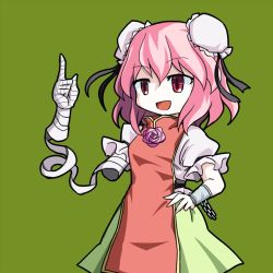 Rule 34 | 1girl, :d, aratami isse, bandages, blouse, chain, cuffs, false arm, green background, hair between eyes, hand on own hip, ibaraki kasen, open mouth, pink hair, red eyes, shackles, shirt, short hair, simple background, smile, solo, tabard, touhou