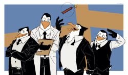 Rule 34 | 4boys, arm at side, arm up, belt, bird, black belt, black bow, black bowtie, black coat, black feathers, black necktie, black pants, black vest, blue background, blue eyes, bow, bowtie, clipboard, closed mouth, coat, collared shirt, cowboy shot, crossed arms, dynamite, explosive, feathers, formal, furry, furry male, grey vest, highres, holding, holding clipboard, kowalski (madagascar), lapels, long sleeves, looking at another, looking at viewer, looking down, lumise05, madagascar (series), multiple boys, necktie, open clothes, open coat, open mouth, pants, penguin, penguin boy, personification, pocket, private (madagascar), rico (madagascar), salute, shirt, signature, skipper (madagascar), suit, tongue, traditional bowtie, two-tone background, undone bowtie, vest, white coat, white feathers, white shirt, yellow background