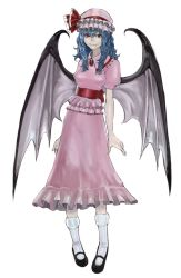 Rule 34 | 1girl, aged up, alternate hair length, alternate hairstyle, arms at sides, blue hair, bow, breasts, brooch, demon wings, dress, eyelashes, frilled dress, frilled skirt, frills, full body, gaihan umeboshi mitchell, hat, hat bow, highres, jewelry, jubigamura, lips, looking at viewer, mary janes, messy hair, pigeon-toed, pink dress, pink shirt, pink skirt, red bow, red eyes, remilia scarlet, shirt, shoes, short sleeves, simple background, skirt, small breasts, socks, solo, touhou, white background, wings