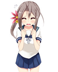 Rule 34 | 1girl, akebono (kancolle), akebono (kancolle) (cosplay), amano kouki, bell, brown hair, cosplay, closed eyes, flower, flying sweatdrops, hair bell, hair flower, hair ornament, highres, jingle bell, kantai collection, long hair, open mouth, pleated skirt, school uniform, serafuku, side ponytail, skirt, solo, zuihou (kancolle)