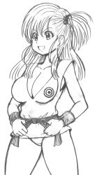 Rule 34 | 1girl, breasts, bulma, capsule corp, cleavage, dougi, dragon ball, female focus, greyscale, highres, jewelry, koutarosu, large breasts, monochrome, open mouth, panties, short hair, smile, solo, underwear, white background