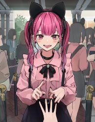 Rule 34 | absurdres, belt, black belt, black hairband, black nails, black ribbon, black skirt, blue hair, commentary request, fang, hair ribbon, hairband, highres, hinamizawa hinami (tetto), long neck, long sleeves, looking at viewer, multicolored hair, multiple girls, nail polish, neck ribbon, open mouth, original, pink shirt, purple eyes, purple hair, ribbon, shirt, skin fang, skirt, tetto (onnoveltet), two side up