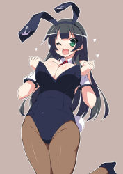 Rule 34 | 10s, 1girl, ;d, agano (kancolle), alternate costume, animal ears, bare shoulders, black hair, breasts, cleavage, fake animal ears, green eyes, heart, highres, hoppege, kantai collection, large breasts, long hair, one eye closed, open mouth, pantyhose, playboy bunny, rabbit ears, smile, solo, wink, wrist cuffs