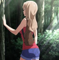 Rule 34 | 1girl, aoki clair, ass, bare legs, bare shoulders, blonde hair, breasts, forest, freckles, gleipnir (series), highres, long hair, looking at viewer, looking away, medium breasts, nature, screencap, short shorts, shorts, solo, tree, upper body