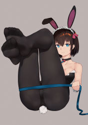 Rule 34 | 1girl, animal ears, ass, bare arms, bare shoulders, black collar, black leotard, black neckwear, black pantyhose, blue eyes, breasts, brown hair, choker, closed mouth, collar, collarbone, fake animal ears, feet, foot focus, frilled cuffs, frills, grain, hair between eyes, highres, holding, holding strap, legs up, leotard, looking at viewer, lying, maid headdress, no shoes, on back, original, pantyhose, playboy bunny, rabbit ears, rabbit tail, short hair, simple background, small breasts, smile, soles, solo, strapless, strapless leotard, tail, toes, wrist cuffs
