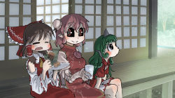 Rule 34 | 3girls, ascot, bandaged arm, bandages, black sclera, bow, brown hair, bun cover, chamaji, chinese clothes, closed eyes, collared shirt, colored sclera, cup, curly hair, detached sleeves, double bun, drinking glass, eating, flower, food, frilled bow, frilled shirt collar, frills, green hair, hair bow, hair bun, hair tubes, hakurei reimu, highres, horns, ibaraki kasen, japanese clothes, kariyushi shirt, komano aunn, light particles, long hair, medium hair, miko, multiple girls, nontraditional miko, open mouth, pink eyes, pink flower, pink hair, pink rose, red shirt, red skirt, rose, shirt, short hair, shorts, sidelocks, single horn, sitting, skirt, smile, tabard, touhou, veranda, wagashi, wide sleeves, yellow ascot, youkan (food)