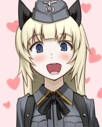 Rule 34 | 1girl, :d, animal ears, blonde hair, blue eyes, blush, cat ears, garrison cap, hat, heart, helma lennartz, hetza (hellshock), looking at viewer, military, military uniform, neck ribbon, open mouth, pink background, ribbon, smile, solo, strike witches, strike witches: suomus misfits squadron, uniform, upper body, world witches series