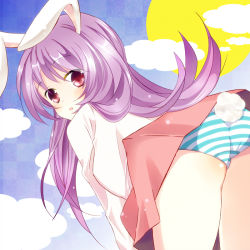 Rule 34 | 1girl, animal ears, ass, blush, cloud, female focus, long hair, long sleeves, looking at viewer, mike (mikenekotei), moon, open mouth, panties, pink hair, rabbit ears, rabbit girl, rabbit tail, red eyes, reisen udongein inaba, solo, striped clothes, striped panties, tail, touhou, underwear