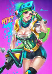 Rule 34 | 1girl, absurdres, alternate costume, arcade riven, asymmetrical gloves, belt buckle, breasts, buckle, cleavage, commentary, completion time, eyelashes, fingerless gloves, gloves, green hair, headphones, highres, knee pads, league of legends, lipstick, makeup, medium breasts, mismatched gloves, monori rogue, nose, pixelated, purple eyes, reverse grip, riven (league of legends), scarf, short hair, shorts, solo, star (symbol), sword, visor, weapon, zipper
