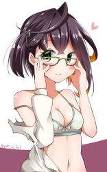 Rule 34 | 10s, 1girl, adjusting eyewear, ahoge, bare shoulders, black hair, bra, breasts, brown hair, cleavage, glasses, green-framed eyewear, heart, kantai collection, looking at viewer, multicolored hair, off shoulder, okinami (kancolle), shirt, short hair, side ponytail, small breasts, smile, solo, torn clothes, twitter username, underwear, upper body, white bra, white shirt, yuuki hb