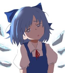 Rule 34 | 1girl, blue eyes, blue hair, bow, cirno, hair bow, head tilt, ice, ice wings, looking at viewer, lowres, matching hair/eyes, open mouth, puffy short sleeves, puffy sleeves, ribbon, short sleeves, simple background, solo, touhou, white background, wings