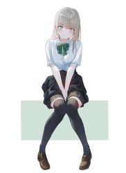 Rule 34 | 1girl, between legs, black skirt, black thighhighs, blonde hair, blush, bow, bowtie, brown footwear, closed mouth, collared shirt, green bow, green bowtie, green eyes, hand between legs, kani (kkk kani), knees together feet apart, loafers, long hair, original, own hands together, pleated skirt, school uniform, shirt, shoes, short sleeves, simple background, sitting, skirt, solo, thighhighs, white background, white shirt, zettai ryouiki